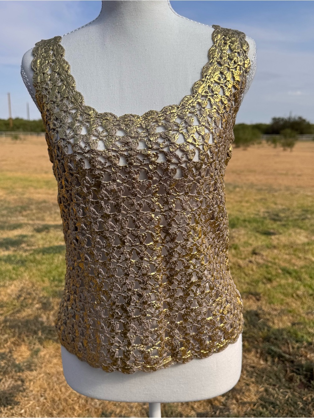 Alberto Makali Metallic Gold Crochet Tank Top